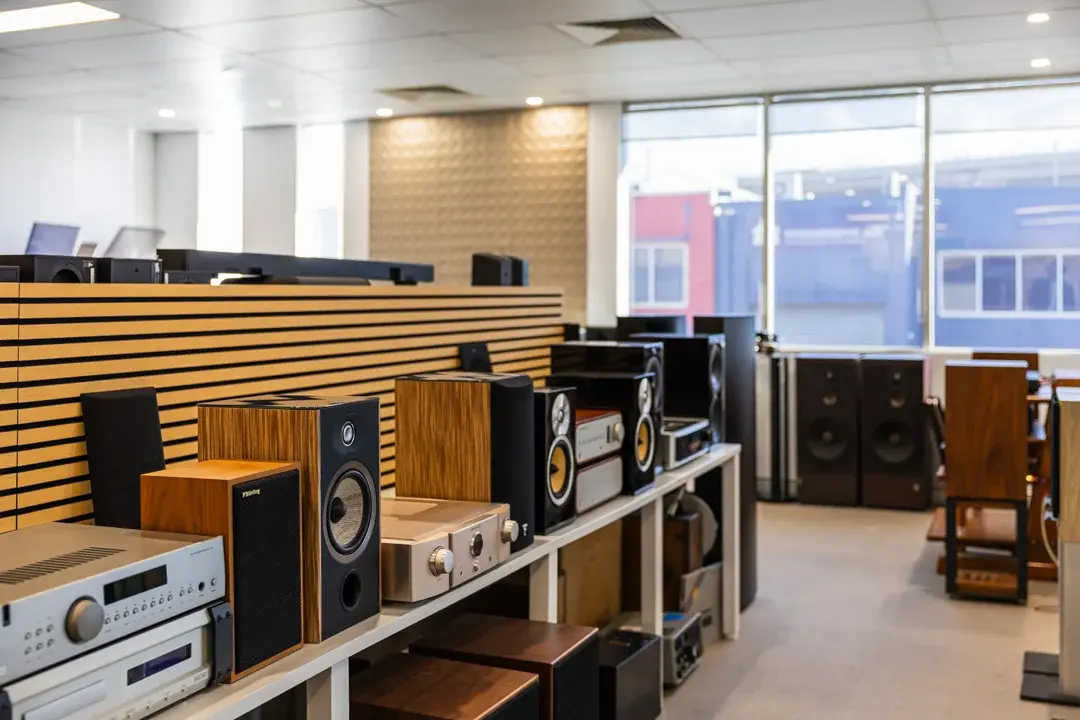 The Audio Revival showroom floor filled with pre-loved speakers and audio equipment