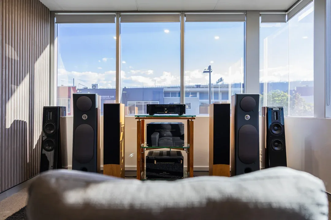A complete Audio Revival listening system framed by floorstanding speakers