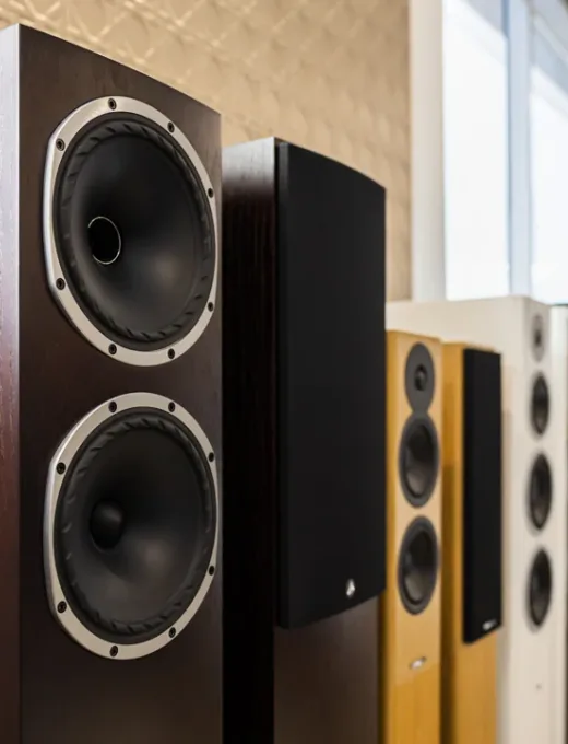 Close detail of a timber loudspeaker beside the Audio Revival speaker display