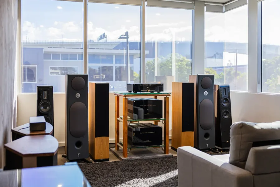 A complete hi-fi system positioned beside the windows in the Audio Revival showroom